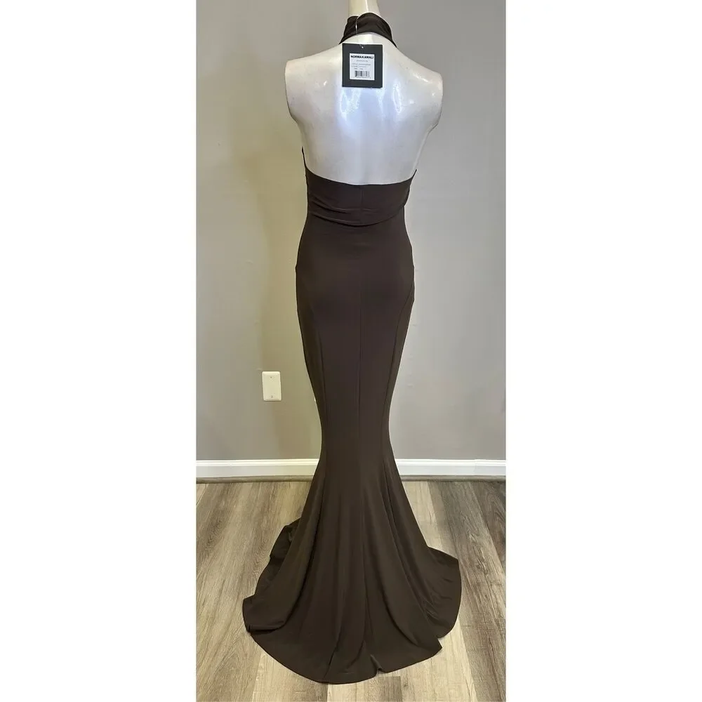 NWT Norma Kamali Halter Turtle Fishtail Gown in Chocolate Size XXS $195 - Picture 7 of 10